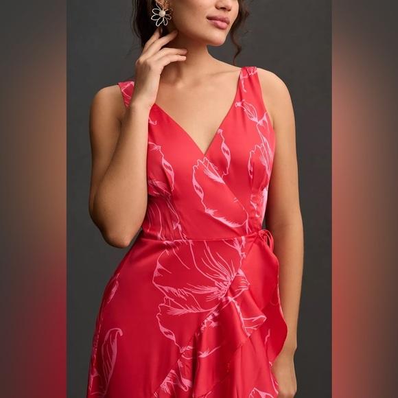 Hutch Anthropologie Ruffle Floral Wrap Dress Size Small In Red Floral Print - Picture 12 of 12